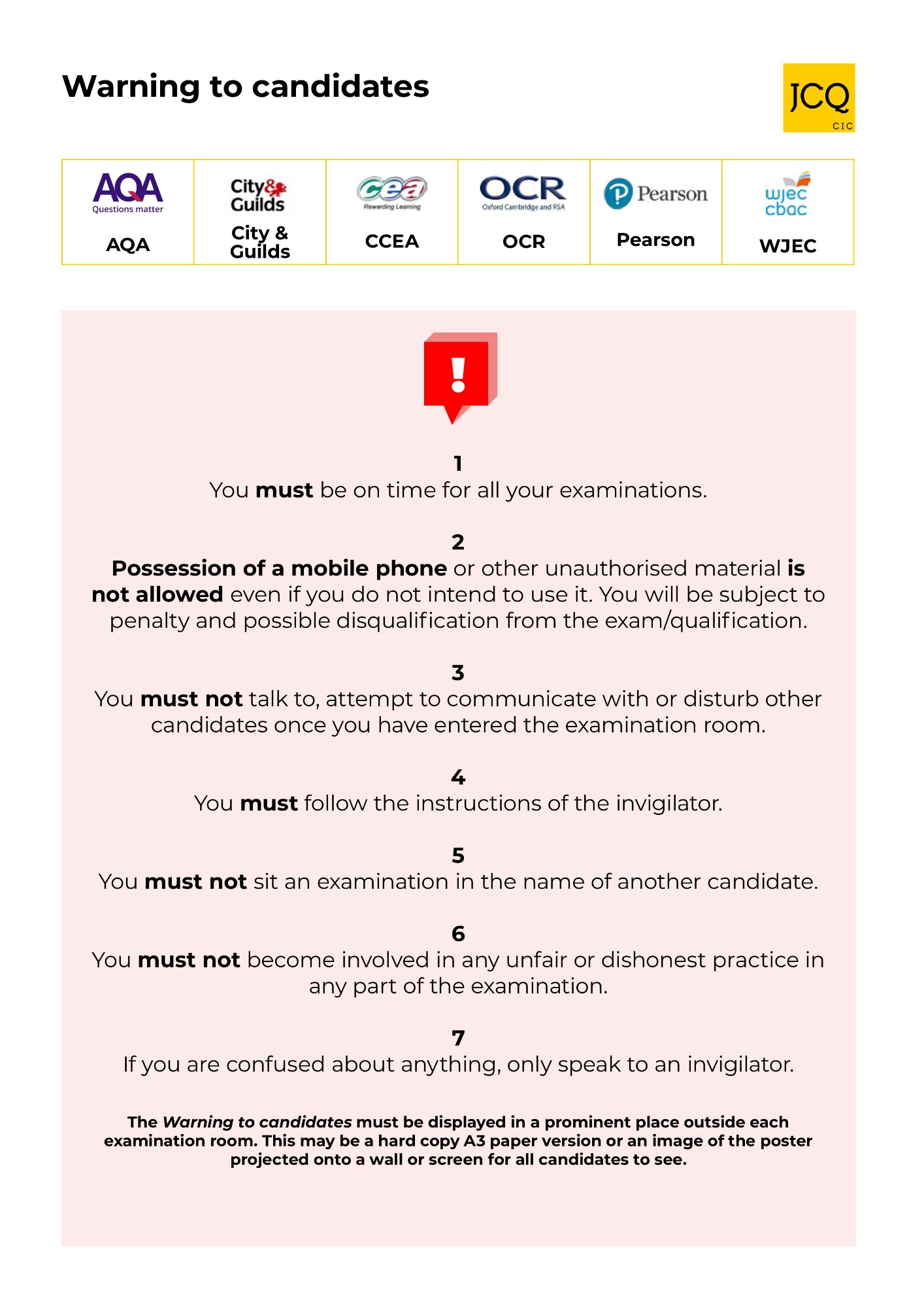 JCQ Warning to Candidates