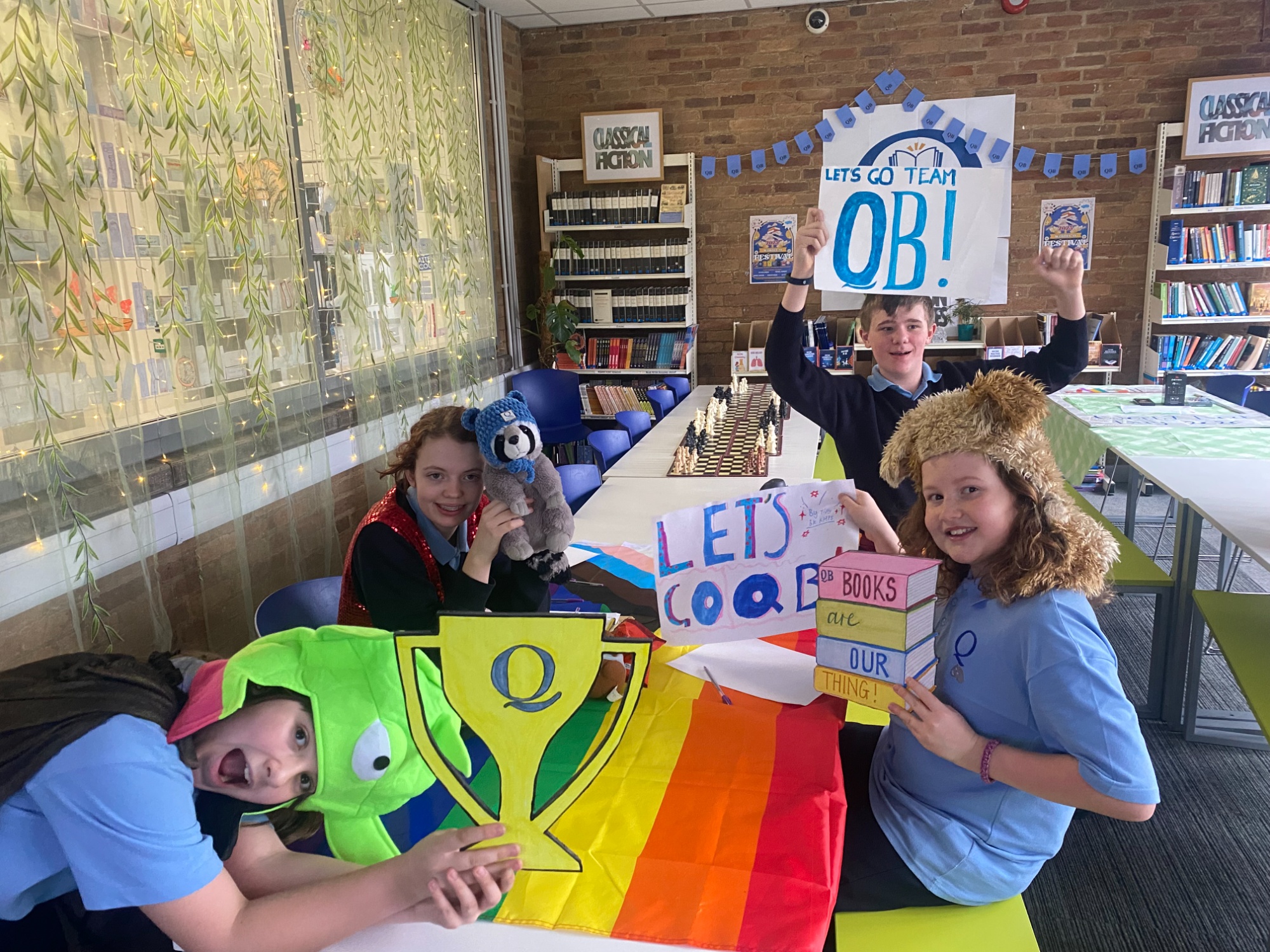 Team having fun with flags and props